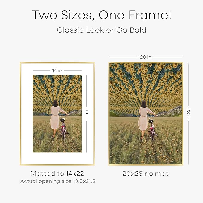 Homeforia 20x28 Picture Frame Gold, High End Metal 20 x 28 Poster Frames with Mat 14 by 22 Photo, 20x28 Gold Frame Matted to 14x22 Print, 28x20 Large Hanging Frames, Tempered Glass, Wall Kit, Set of 1-Ruum Studio Home