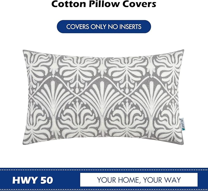 HWY 50 Grey Gray Decorative Lumbar Pillow Cover Rectangle 12x20 Inch (1 Piece), Embroidered Cotton Farmhouse Cushion Cover Pillow Case for Sofa Couch Living Room Bed, Minimalist Floral-Ruum Studio Home