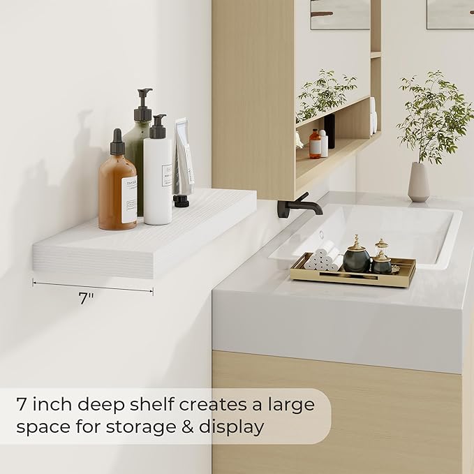 24 inch Floating Shelves Long Floating Shelves for Wall Large Wall Mounted Shelves with Invisible Brackets, White Shelves for Bathroom, Living Room, Kitchen, Office, 24x6.7 inch deep Set of 2-Ruum Studio Home