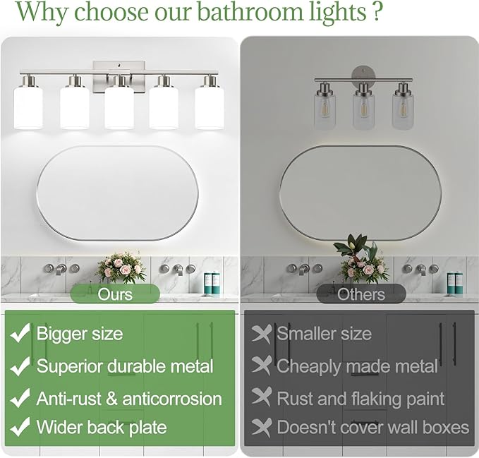 5-Light Brushed Nickel Bathroom Vanity Light with Milky White Frosted Glass Shades, Modern Bathroom Light Fixtures, Up/Down Reversible Lighting for Mirror, Bedroom, Kitchen, Living Room, Hallway-Ruum Studio Home