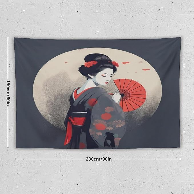 Japanese Woman Geisha Tapestry Asian Red Cherry Blossom Red Sun Traditional Kimono Folk Tapestries Home Decor for Living Room Bedroom Apartment Farmhouse Dorm 90"x60"-Ruum Studio Home