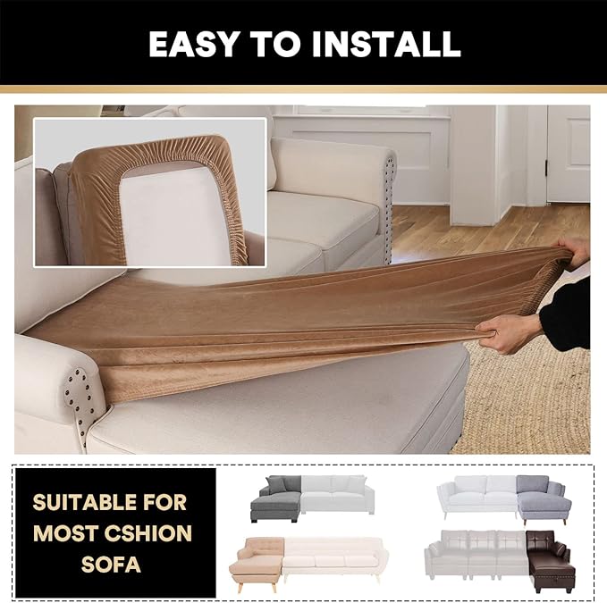 PrinceDeco Sectional Couch Covers Velvet Couch Cover for Dogs Washable L Shaped Couch Cover 1 Piece Individual Sectional Couch Covers with Elastic Bottom(Chaise Lounge,Camel)-Ruum Studio Home