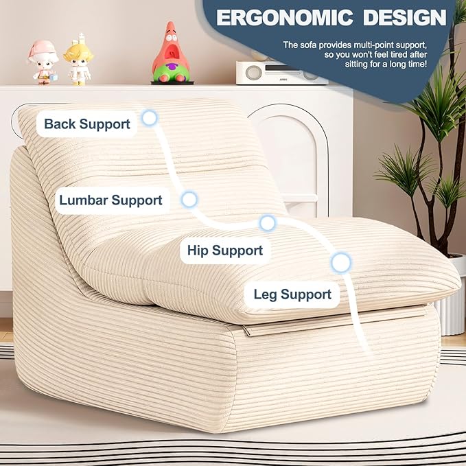 Misolant Bean Bag Chairs，Big Corduroy Fabric Sofa Bean Bag Chair for Adults and Teens with High-Resilience Sponge, Non-Slip Base Floor Lounge Sofa for Home, Living Room, Bedroom, Gaming Beige White-Ruum Studio Home