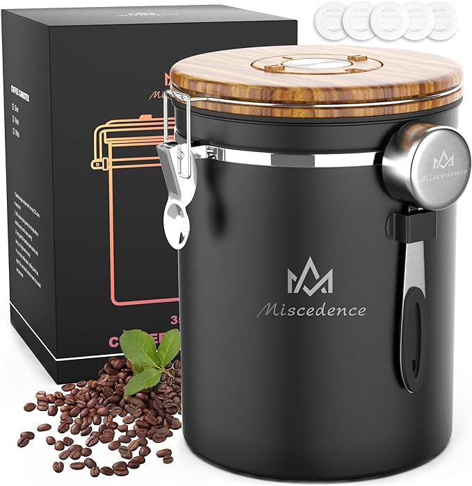 35OZ Coffee Canister for ground coffee with Date Tracker,Wood grain lid 304 Stainless Steel Kitchen Food Airtight storage container for Coffee Beans or Grounds, Tea, Sugar(35oz-grain)-Ruum Studio Home
