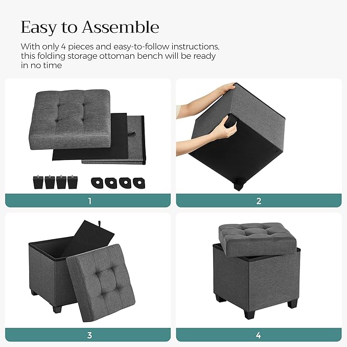 SONGMICS 15 Inches Cube Storage Ottoman, Bedroom Bench with Storage, Foot Stool with Feet, Holds Up to 660 lb, Dark Gray ULSF14GYZ-Ruum Studio Home