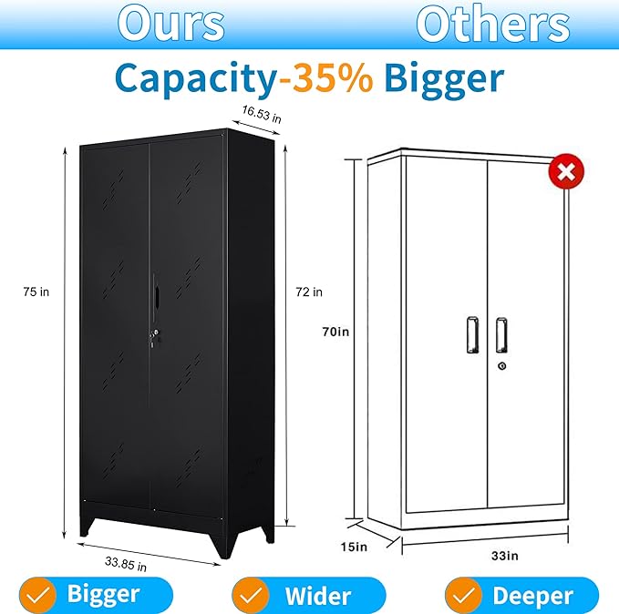75" Metal Storage Cabinet, Tool Cabinets with Hooks, Garage Storage Cabinet with Lock, Heavy-Duty Tool Cabinet for Utility Room, Gym, Basement, Broom Closet Cabinet, Black-Ruum Studio Home