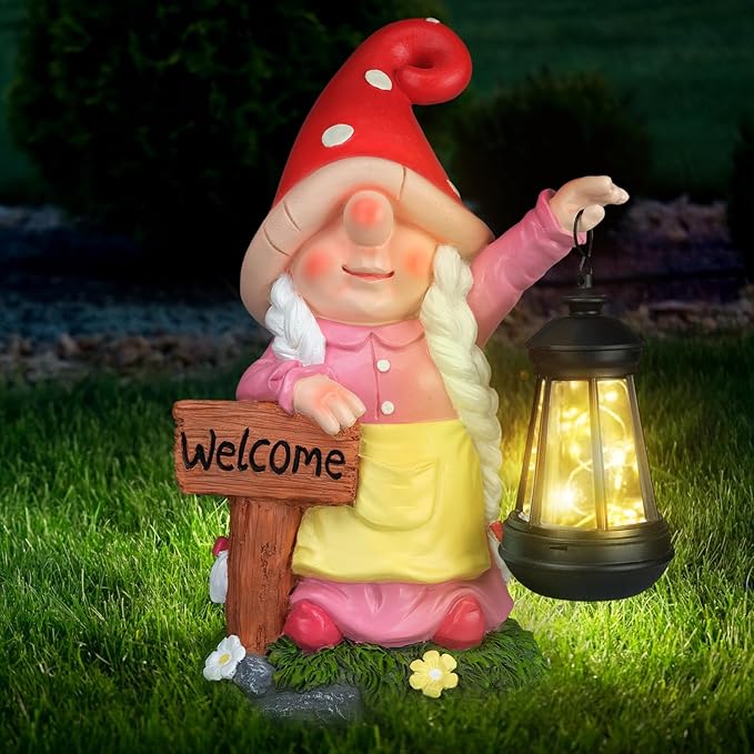 Solar Garden Gnome Statue Holding LED Lantern with Welcome Sign Outdoor Ornaments Waterproof Christmas Decoration for Outside Patio Yard Lawn Decor (Pink)-Ruum Studio Home