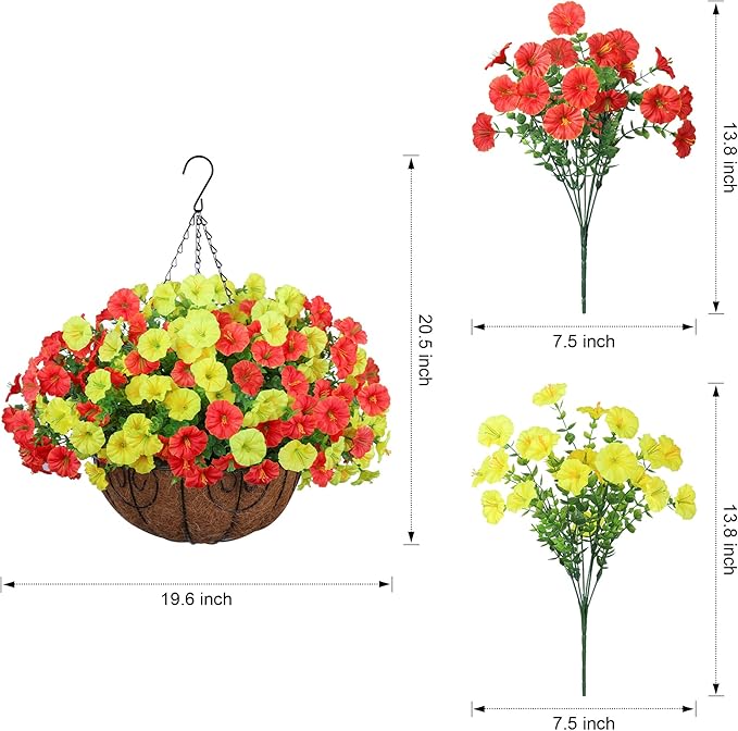 Artificial Fall Flowers Fake Hanging Plants Flowers Basket for Outdoors Autumn Decoration, Silk Morning Glory with Eucalyptus Look Real UV Resistant Faux Flowers for Outside Porch Patio Balcony, Mix-Ruum Studio Home