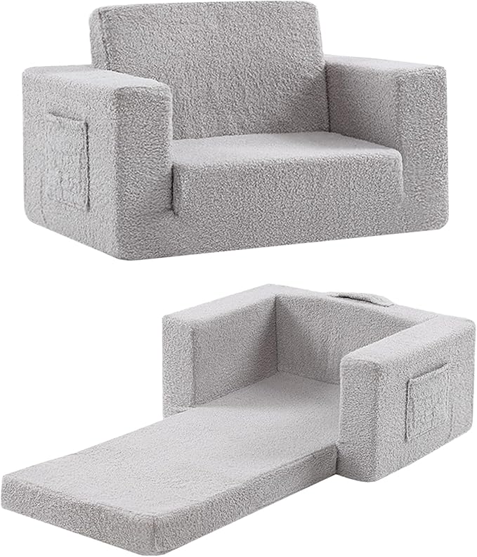 Toddler Chair Sherpa Kids Couch, 2-in-1 Toddler Soft Kids Sofa Toddler Lounger Chair for Bedroom, Convertible Toddler Couch for Girls and Boys, Reading Chair for Kids, Grey-Ruum Studio Home