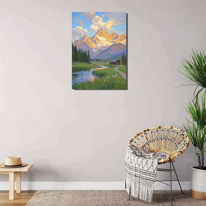 The mountain stream and lawn scenery under the sun is suitable for posting in the living room bedroom office landscape poster wall painting-Ruum Studio Home