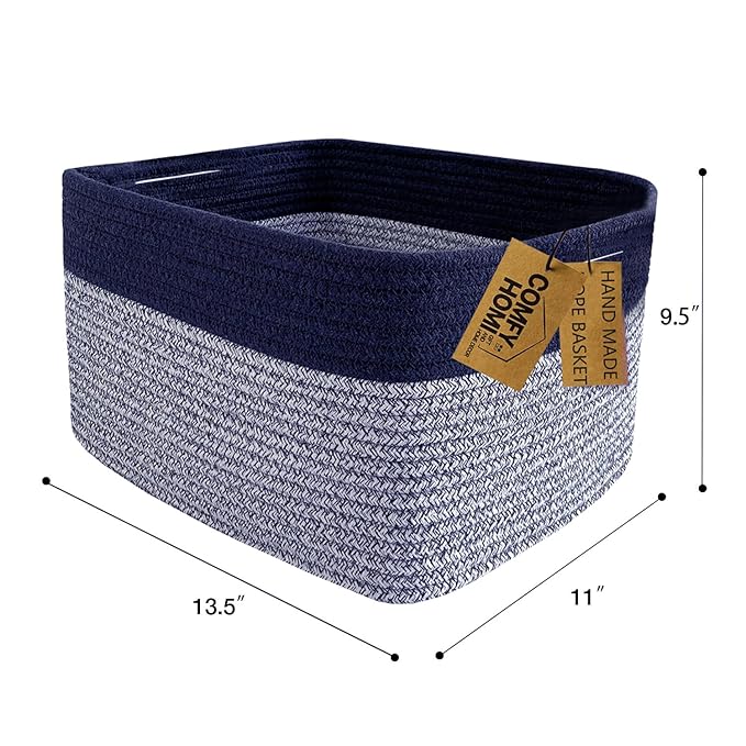 COMFY-HOMI Rectangular Cotton Rope Basket With Handles for Shelves|Dog Toy|Baby Gift - Dark Blue (13.5" x 11" x 9.5")-Ruum Studio Home
