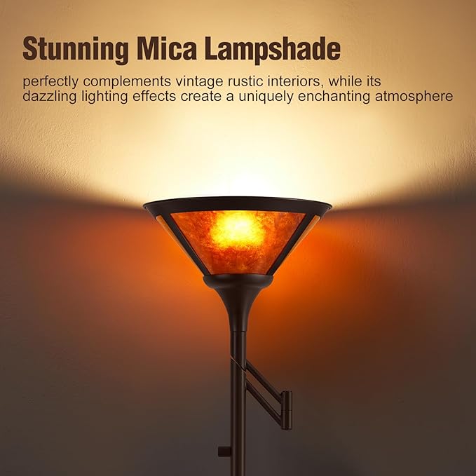 Floor Lamps for Living Room - 70" Brown Torchiere Standing Floor Lamp with Adjustable Swing Arm - Tall Corner Lamp Decor for Bedroom with Mica Shade LED Reading Light for Home Office-Ruum Studio Home