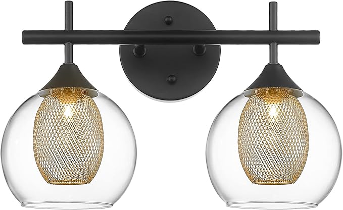 Black and Gold Bathroom Light Fixture, Farmhouse Wall Sconce Lighting with Clear Glass and Honeycomb Metal Shade, 2-Light Black Brass Vanity Light Over Mirror, AD-22001-2W-BK-Ruum Studio Home