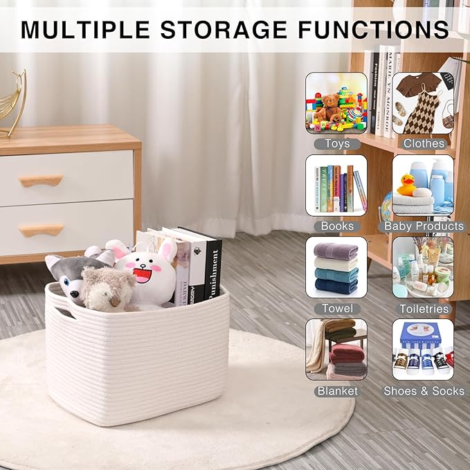 Storage Baskets for Organizing Shelves, Woven Cotton Rope Bins for Baby Nursery Organization, Book Toy Towel Organizer, 15"x11"x9.5", 3 Packs, Off White-Ruum Studio Home