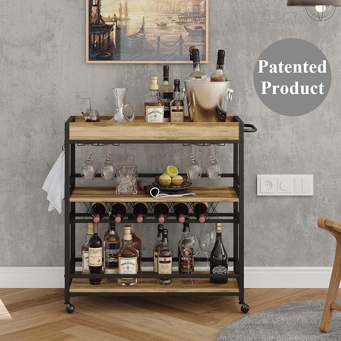 BON AUGURE Bar Cart for The Home, Bar Serving Carts on Wheels, 3 Tier Storage Drink Trolley, Rolling Wood and Metal Liquor Beverage Cart (Vintage Oak)-Ruum Studio Home