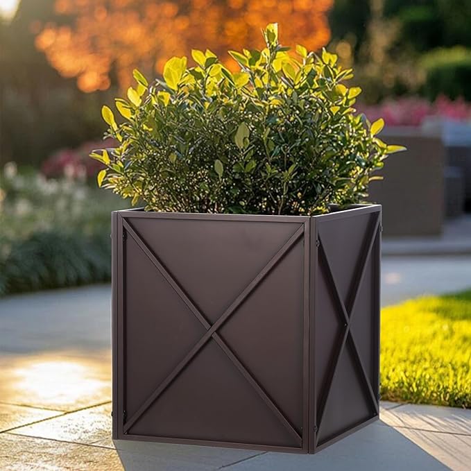 Metal Square Planter Box Tall Planters for Outdoor Plants Modern Heavy Duty with Drainage Holes for Outside Indoor Patio Deck - Brown, 17”x 17”x 18”-Ruum Studio Home
