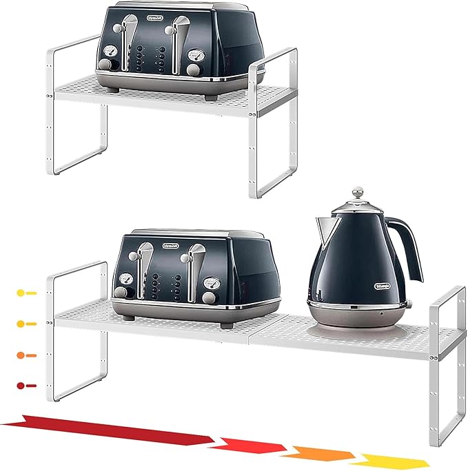 Hole Pattern Expandable Shelf Organizer,1Pack 8.1" Wide Easy to Assemble Cabinet Organizer Shelf, 16.5~27.1" Adjustable Height&Stackable Spice Organization for Cupboard, White-Ruum Studio Home