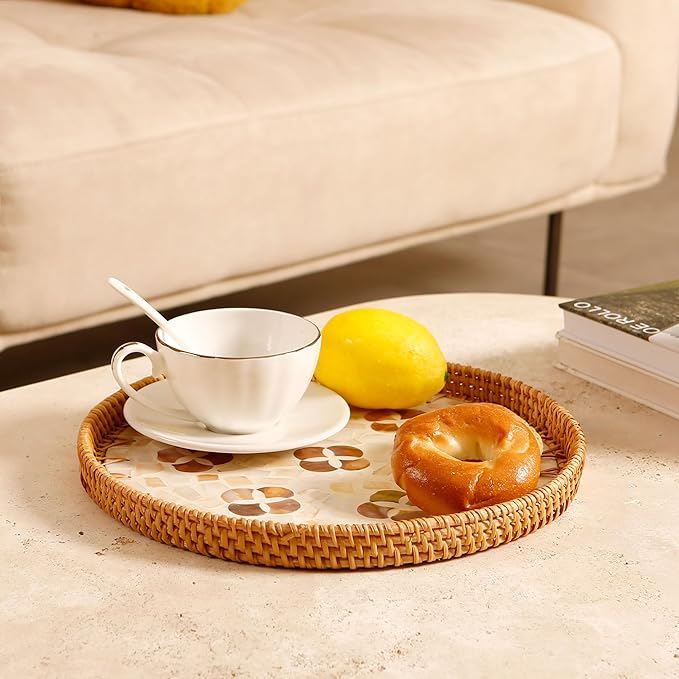 Round Rattan Tray with Mother of Pearl Inlay & Wooden Base - Decorative Wicker Serving Tray for Coffee/Bread/Fruits, Food Storage & Display - Multipurpose Home Decor (M,Four-Petal Flower)-Ruum Studio Home