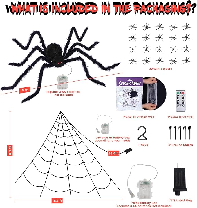 16.4 X 15.8Ft Giant Spider Web Halloween Decorations with 250 LED Lights, Halloween Spider Web Outdoor with 5Ft Large Spider, 3.53 Oz Stretch Web and 20 Small Spiders for Yard House Party Decoration-Ruum Studio Home