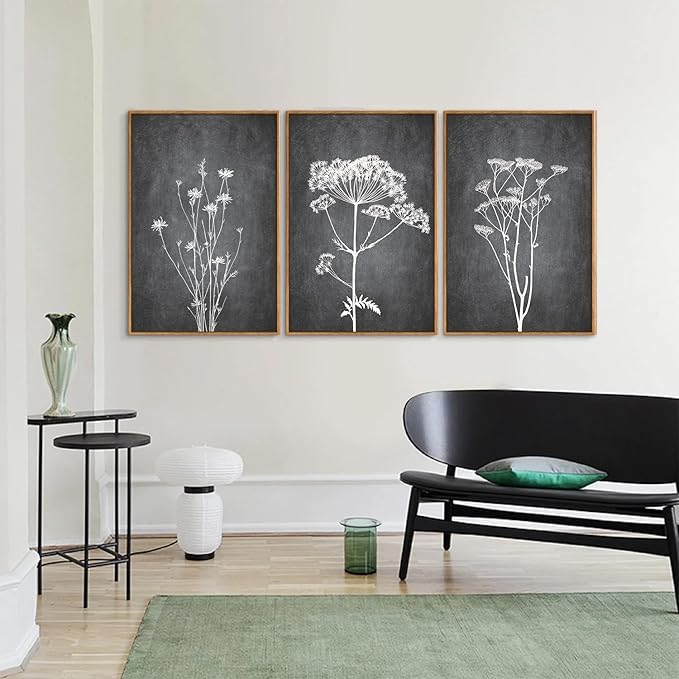Tinonedraw Black and White Botanical Framed Canvas Wall Art Set, Vintage Floral Wall Decor, Dark Academia Minimalist Plant Art Paintings, Abstract Wildflower Art Print for Living Room Bedroom 16"x24"x3-Ruum Studio Home
