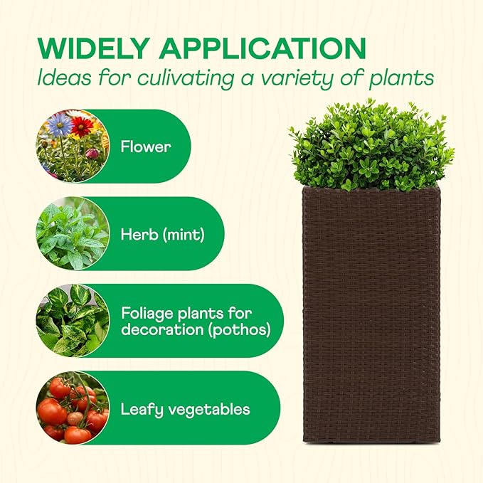 IDZO All-Weather Wicker Planters, Set of 2, 24 in Tall Wicker Planters, Self-Watering with Drainage, Durable PP Material, Raised Garden Bed Alternative, Indoor Outdoor Use, Modern Rattan Design-Ruum Studio Home