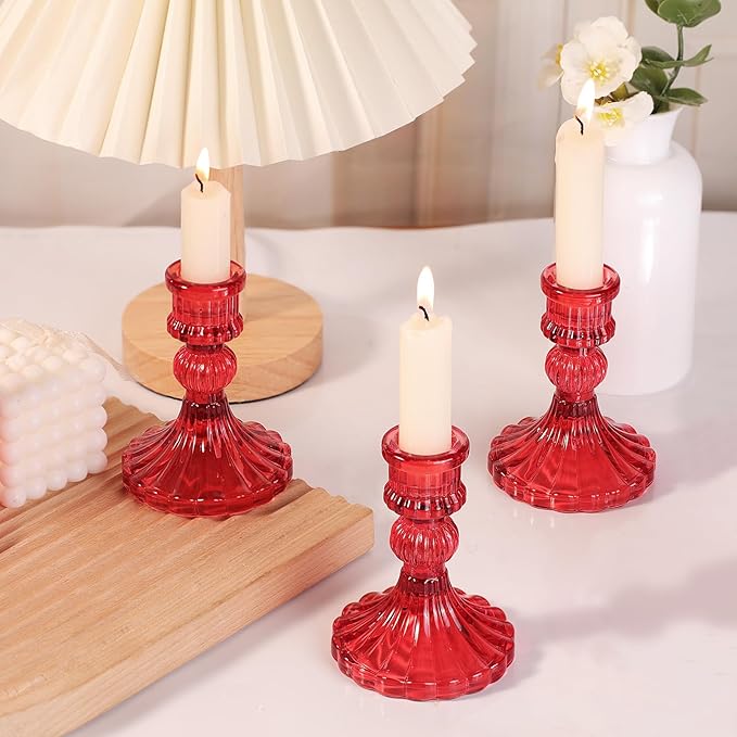 12PCS Red Candlestick Holders Set- 4" H Taper Candle Holders, Glass Candle Holders Bulk for Activities, Party, Home Table Centerpieces, Festival Gifts & Windowsill Decor-Ruum Studio Home