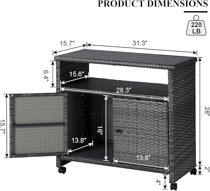 Outdoor Wicker Storage Cabinet,Patio Bar Table with Wheel, Outdoor Buffet Cabinet Movable, Garden Weather-Proof Bar Table/Cart for Indoor&Outdoor (Morden Gray)-Ruum Studio Home