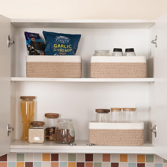 3 Pack Small Storage Baskets for Organizing, Cute Woven Decorative Gift Baskets for Shelves, Mini Closet Organizer Bins with Handles-13''Lx8.66''Wx5.11''H-Brown and White-Ruum Studio Home
