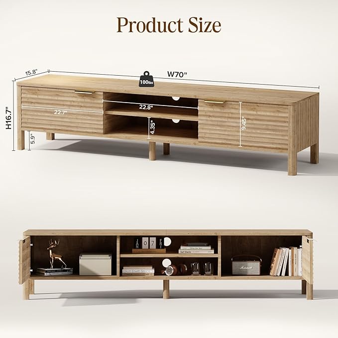 TV Stand for Living Room - up to 80 Inch TVs Mid Century Modern Entertainment Center with Storage and Adjustable Shelves, Media Console Table Oak 70"-Ruum Studio Home
