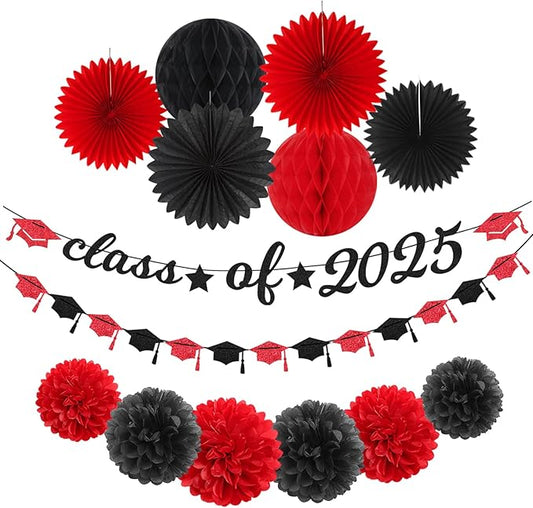 Red Black Party-Decoration Graduation Banner - 14pcs Kits Cap Garland Streamers, Paper Tissue Pom Poms Flowers Fans Honeycomb,Class Of 2025 College High School Grad Decor Hugfond-Ruum Studio Home