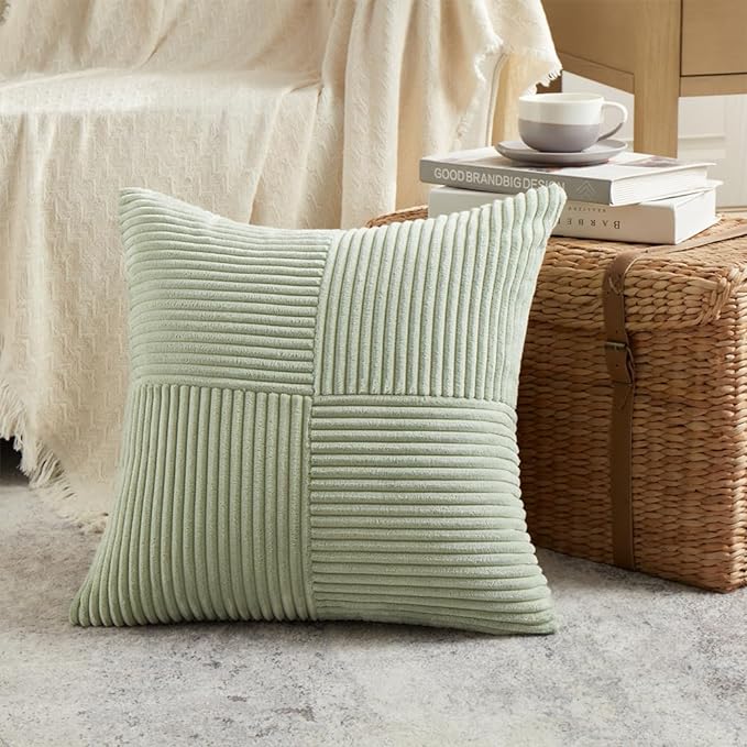 Fancy Homi 2 Packs Sage Green Decorative Throw Pillow Covers 16x16 Inch for Living Room Couch Bed, Rustic Farmhouse Boho Home Decor, Soft Corss Patchwork Corduroy Textured Square Cushion Case 40x40 cm-Ruum Studio Home
