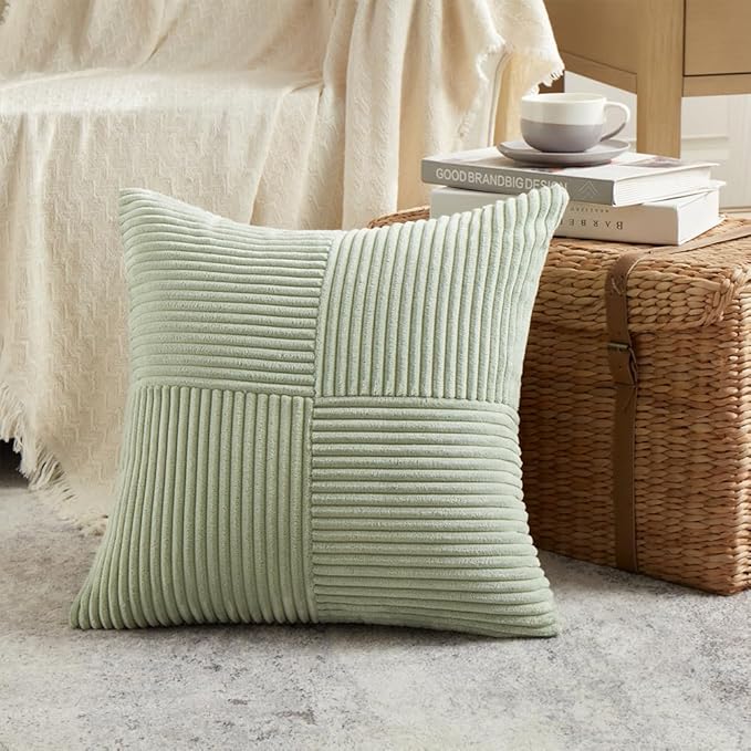 Fancy Homi 2 Packs Sage Green Big Decorative Throw Pillow Covers 24x24 Inch for Living Room Couch Bed, Rustic Farmhouse Boho Home Decor, Soft Corss Corduroy Patchwork Accent Cushion Case 60x60 cm-Ruum Studio Home