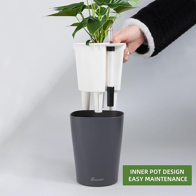Dexceder 6x7 Self Watering Planter Indoor Outdoor, Matte Table Flower Plant Pot with Water Level Indicator (Slate Gray)-Ruum Studio Home