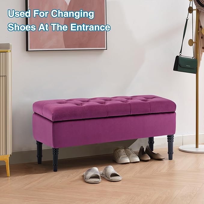 Ottoman with Storage Velvet Storage Bench Holds Up to 500 lbs Ottomans Upholstered Bench with Seating for Bedroom, Living Room, Purple-Ruum Studio Home