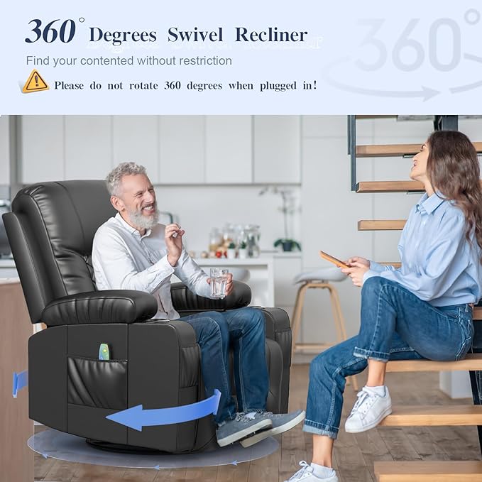 Recliner Chairs for Adults, FSC Certified Massage Rocker with Heated Modern Ergonomic Lounge 360 Degree Swivel Single Sofa Seat Living Room Lounge Recliners Black-Ruum Studio Home