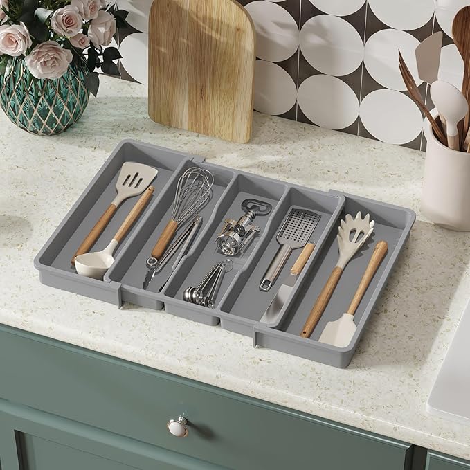 Lifewit Utensil Organizer for Kitchen Drawers, Expandable Cooking Utensil Tray, Adjustable Cutlery Silverware Flatware Holder, Plastic Kitchen Spatula Tools and Gadgets Storage Divider, Large, Gray-Ruum Studio Home