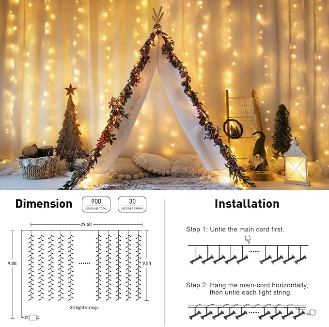 JMEXSUSS 900 LED Outdoor Christmas Curtain Lights, 9.5x29.5ft Christmas Lights Plug in with Remote, Twinkle Hanging String Light for Bedroom Wall Wedding Backdrop Window Gazebo Decor, Warm White-Ruum Studio Home
