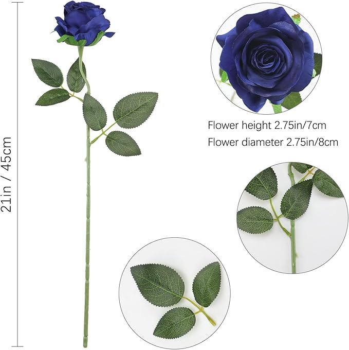 Blue Fake Roses Artificial Flowers - 16 Pcs Fake Artificial Roses Silk Flowers with Stems for Home Wedding Hotel Office Centerpiece Decor（Navy Blue）-Ruum Studio Home