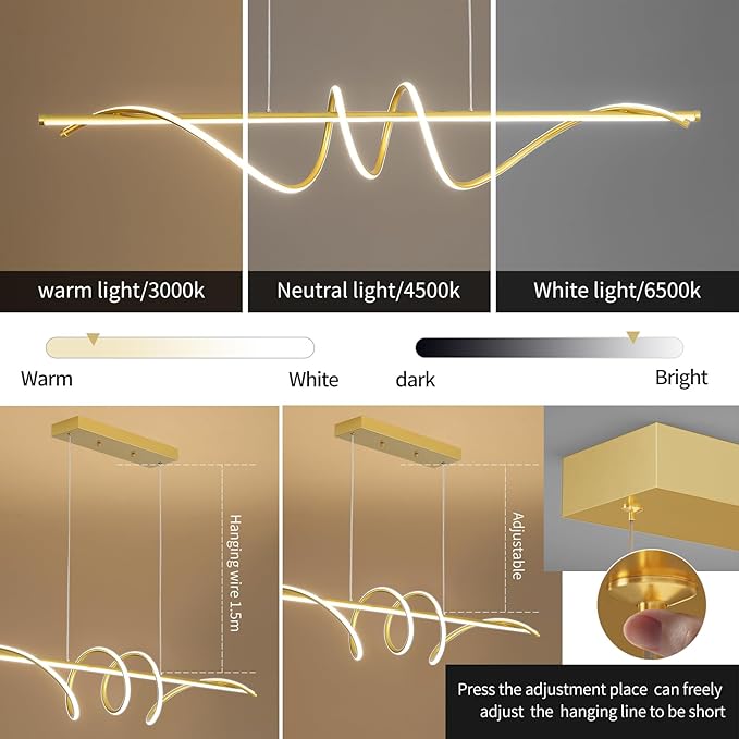 Modern Design Dimmable Desk Linear Pendant Light, with Remote Control Dimmable 3 Color Mode & Brightness Ceiling Lamp, Anti-Flicker Dining Light Fixture for Kitchen, Dining Room (Gold, 47IN)-Ruum Studio Home