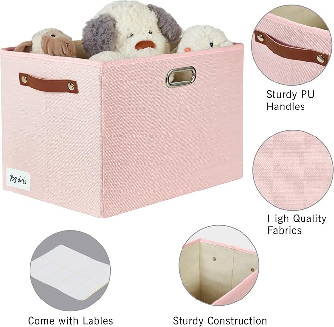 3-Pack Foldable Fabric Storage Bins with Durable PU & Metal Handles, Collapsible Storage Baskets for Shelves, Home Storage, Closet Organizers, Living Room(17"x11.8"x11.8", Pink)-Ruum Studio Home
