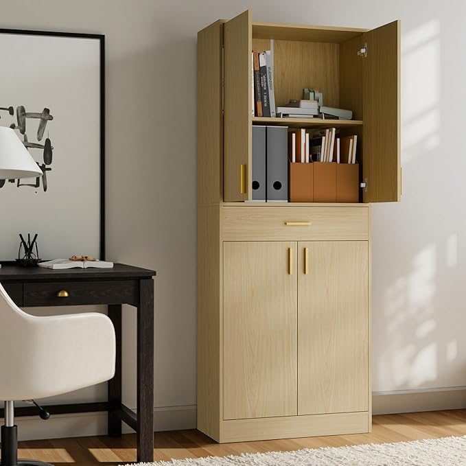 Cozy Castle Pantry Cabinet, 71" Tall Kitchen Storage Cabinet with Doors and Shelves, Freestanding Wood Cupboard Utility Hutch with Drawer for Dining Room Living Room Bathroom Furniture, Oak-Ruum Studio Home