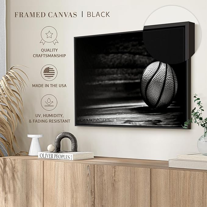 ElephantStock Basketball Wall Art - Horizontal Framed Canvas - 1-Piece Hallway Wall Decor - Photography sports Canvas Print - Black and Gray Decor for Wall - 37" X 25"-Ruum Studio Home