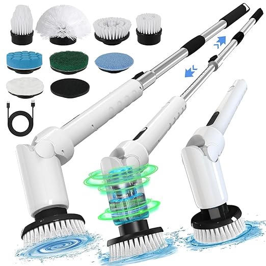 Electric Spin Scrubber - Cordless Cleaning Brush with Digital Display, 2 Speeds, 8 Brush Heads, IPX7 Waterproof, Adjustable Long Handle for Bathroom, Tub, Tile, Shower, and Car-Ruum Studio Home
