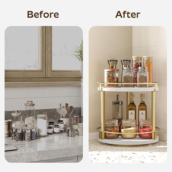 Lazy Susan Organizer, Rotating Spice Rack, 2 Tier Spice Turntable Organizer, Industrial Turntable Spice Holder, for Kitchen Countertop and Cabinet, Compact and Versatile, White and Gold SR22DW-Ruum Studio Home