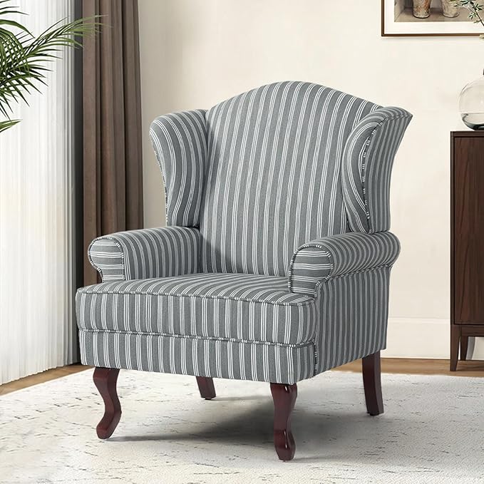 Accent Chair, High Back Upholstered Armchair with High Resilience Sponge & Wood Legs, Mid-Century Modern Comfy Single Sofa Reading Chairs for Living Room, Bedroom (Stripe Grey, Set of 1)-Ruum Studio Home