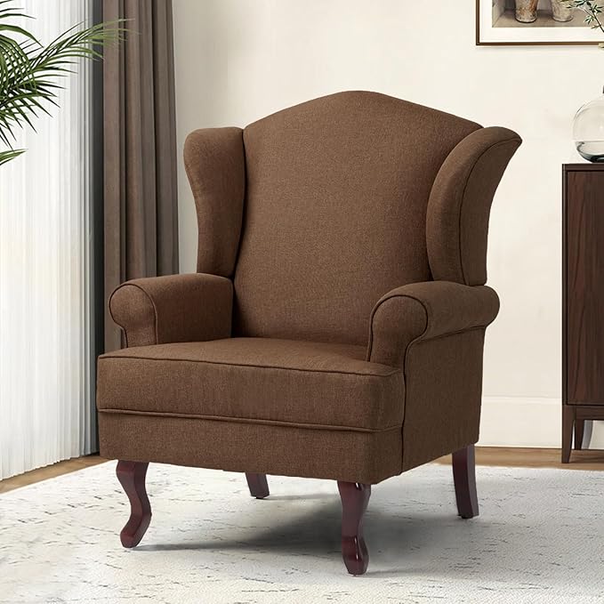 Accent Chair, High Back Upholstered Armchair with High Resilience Sponge & Wood Legs, Mid-Century Modern Comfy Single Sofa Reading Chairs for Living Room, Bedroom (Brown, Set of 2)-Ruum Studio Home