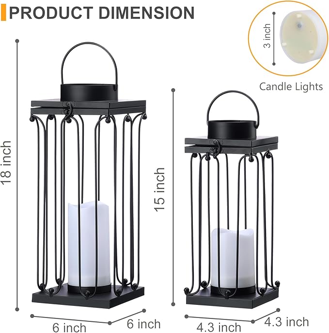 Solar Lantern Decorative Outdoor Set of 2 (18’’ & 15’’) Modern Black Metal Lanterns with Solar Candles, Decorative Candle Lanterns for Outdoor Porch, Patio, Garden, Yard Decor-Ruum Studio Home