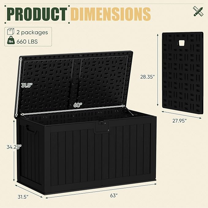 JUMMICO 250 Gallon Outdoor Resin Deck Box with Divider, Waterproof Storage Box with Lockable Lid&Side Handles for Garden Tools, Pools Supplies (Black)-Ruum Studio Home