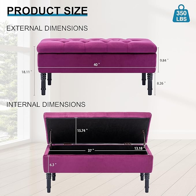 Ottoman with Storage Velvet Storage Bench Holds Up to 500 lbs Ottomans Upholstered Bench with Seating for Bedroom, Living Room, Purple-Ruum Studio Home