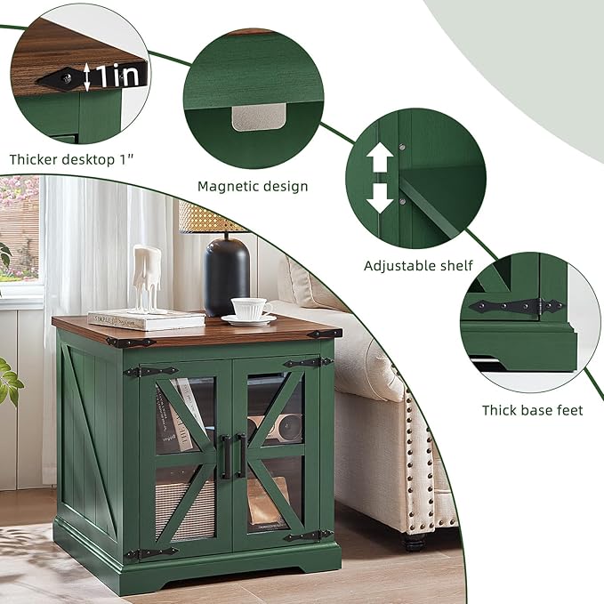 24" End Table with Charging Station, Farmhouse Night Stand with Glass Barn Door, Green Nightstands with Adjustable Storage Shelf, Large Wood Square Bed Side Table for Living Room, Bedroom-Ruum Studio Home